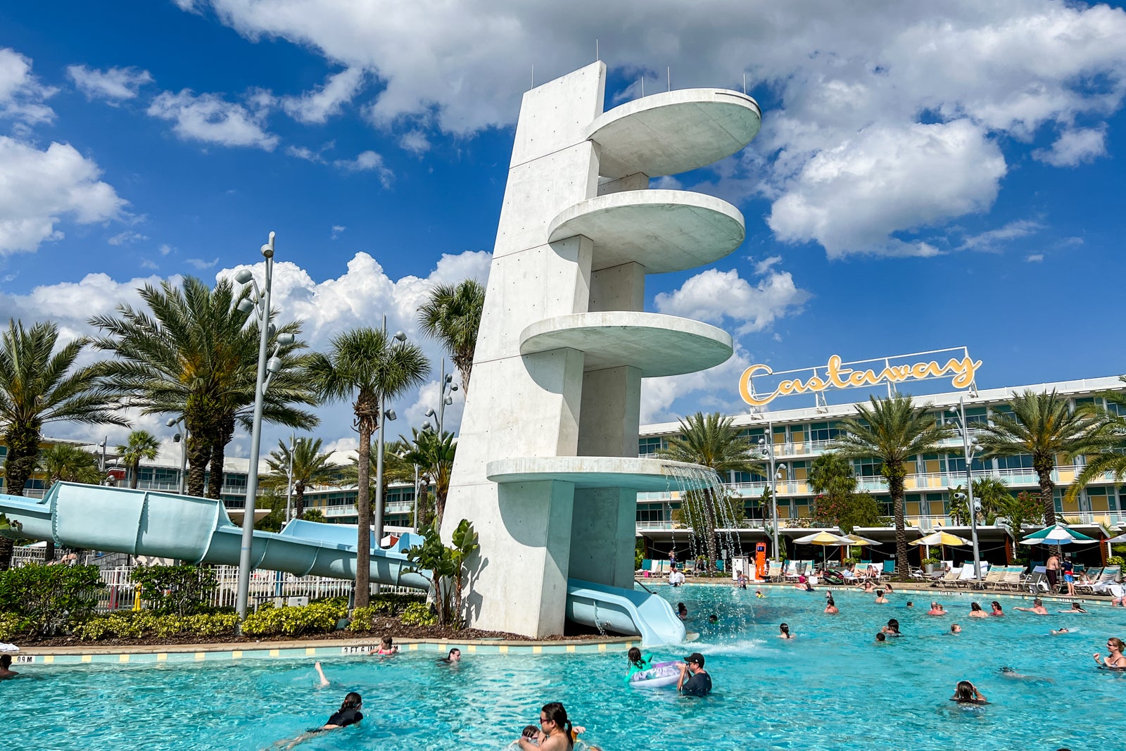 The pool at Universal's Cabana Bay Beach Resort with a waterslide.