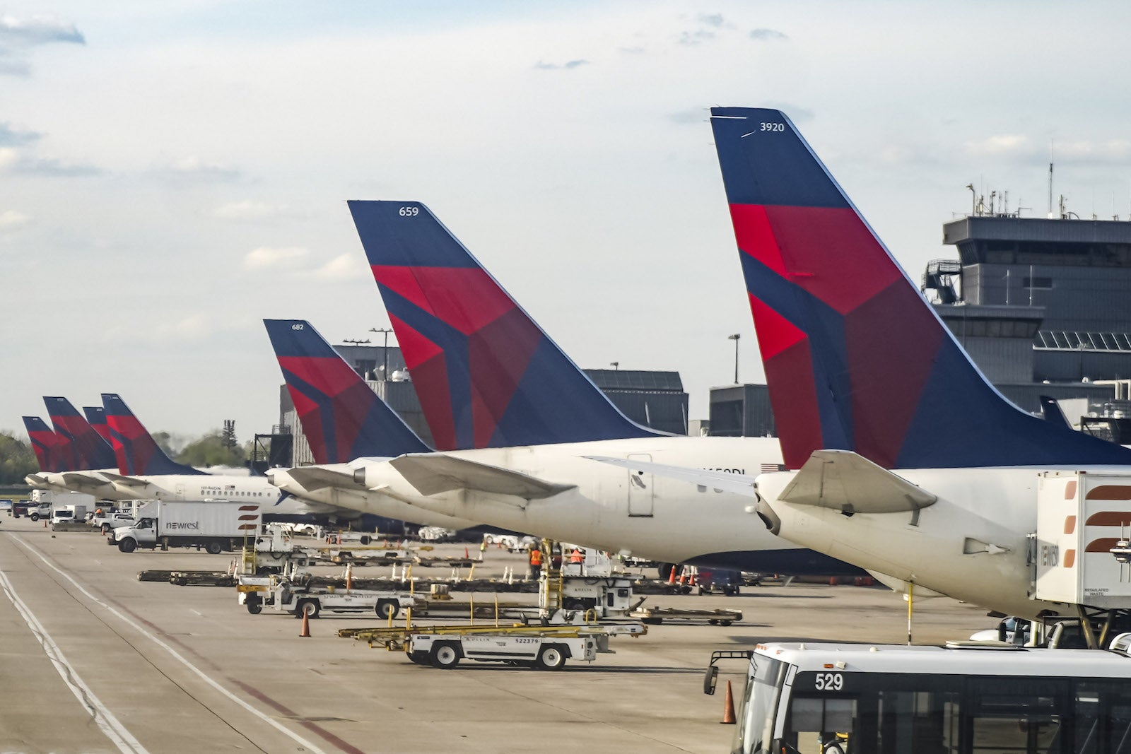 Delta airlines airplanes are seen parked at Hartsfield-