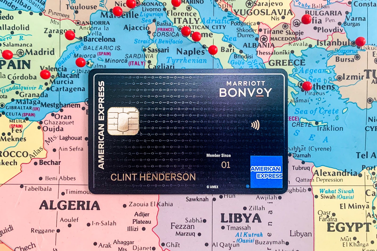 Photo of the Marriott Bonvoy Brilliant card on a world map.