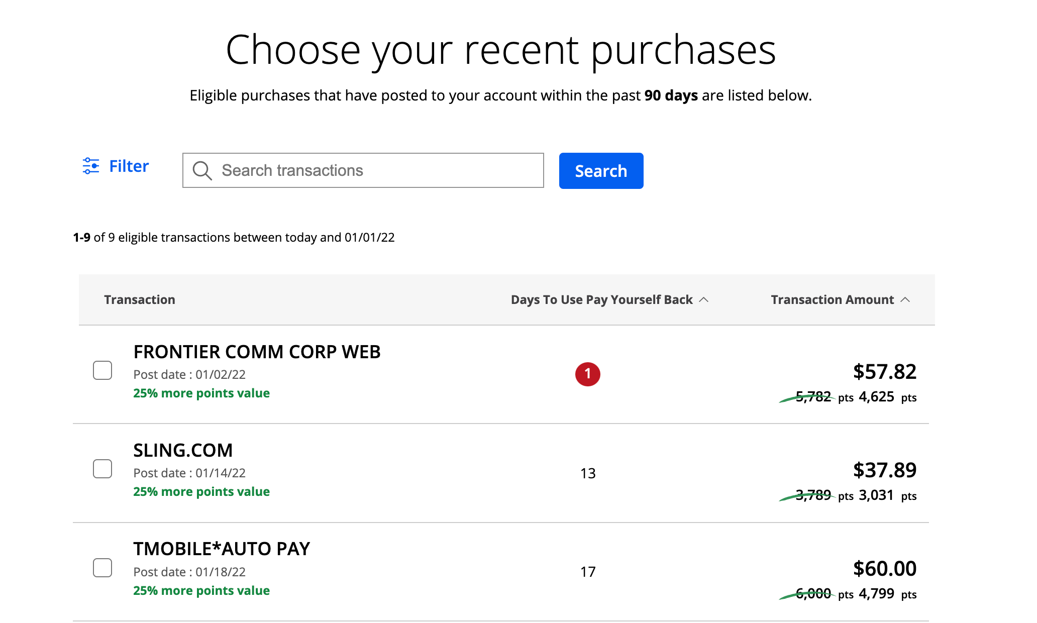 a list of transactions on a credit card and how many points are needed to erase those purchases