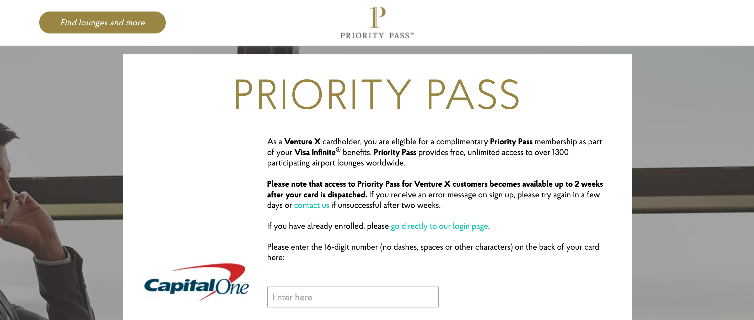 A screen shot of the Priority Pass enrollment page for Capital One Venture X cardholders
