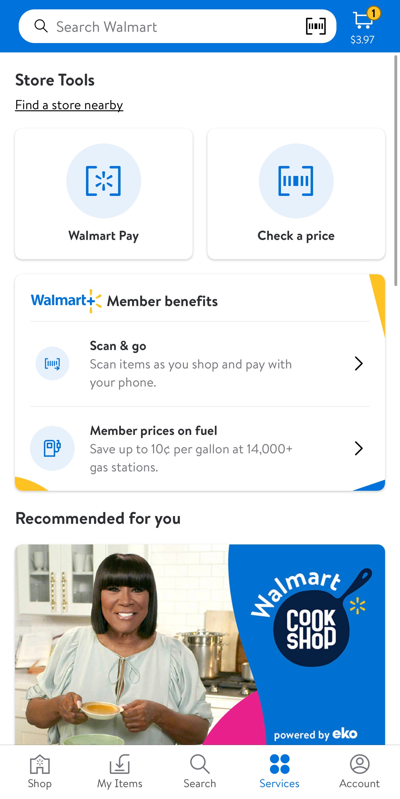 Services tab in the Walmart app