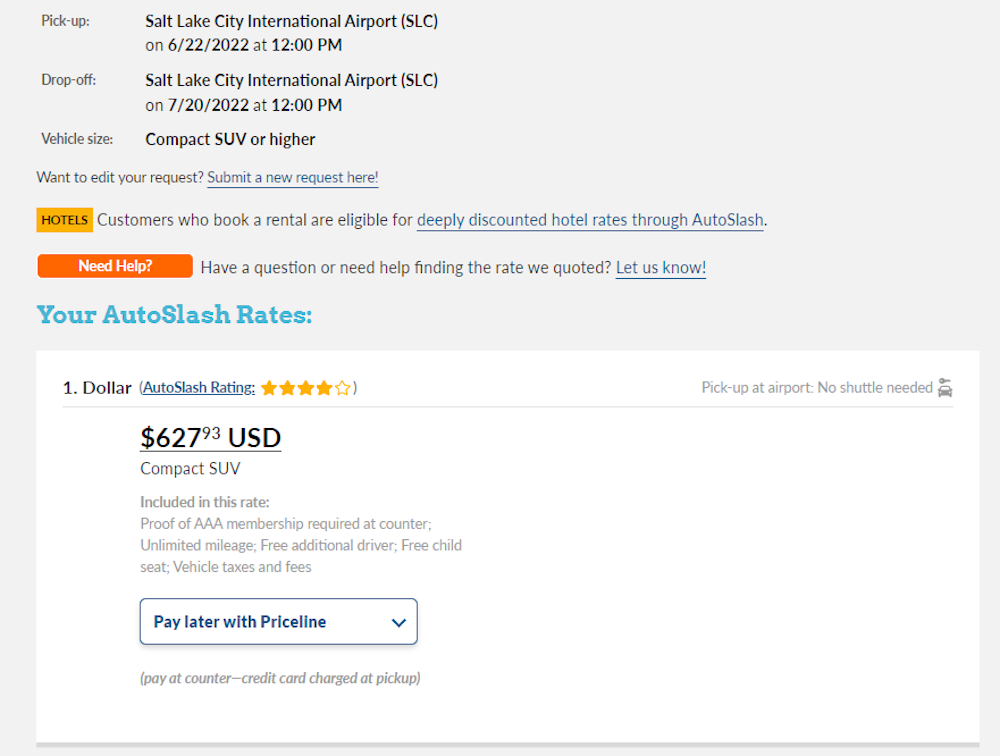 Screenshot shows pricing for a 28-day car rental from SLC airport