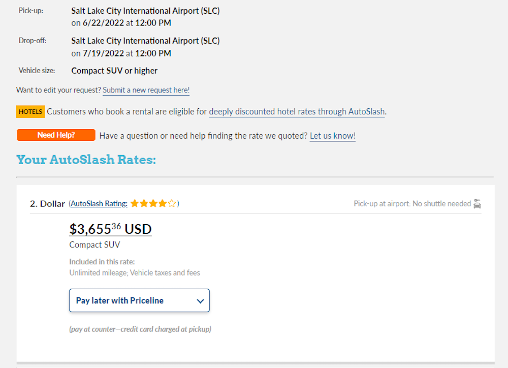 Screenshot shows pricing for a 27-day car rental from SLC airport