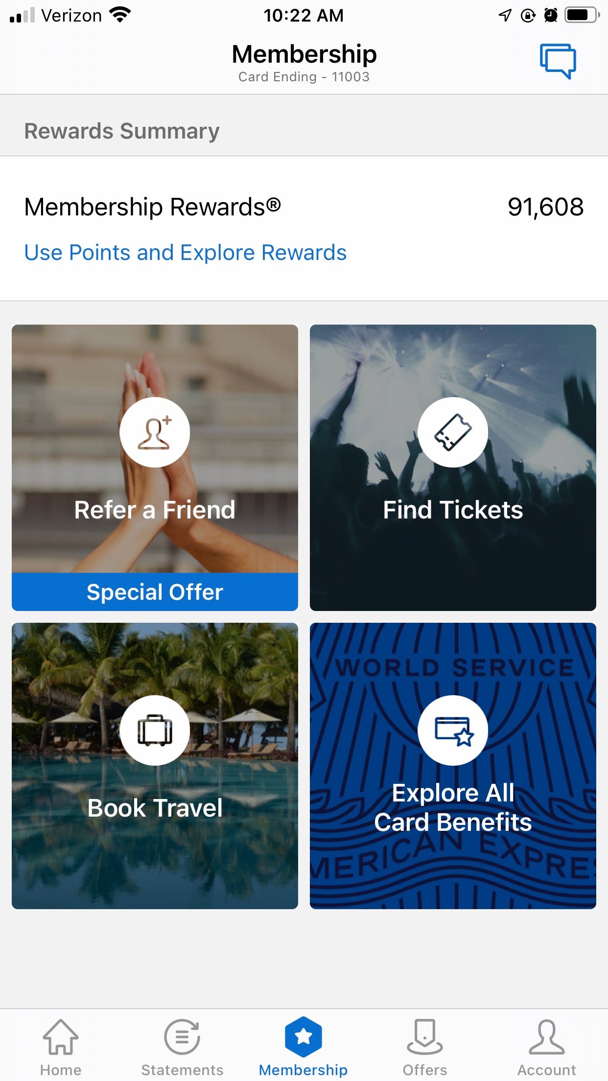 Screenshot of Amex Gold membership tab on mobile app.