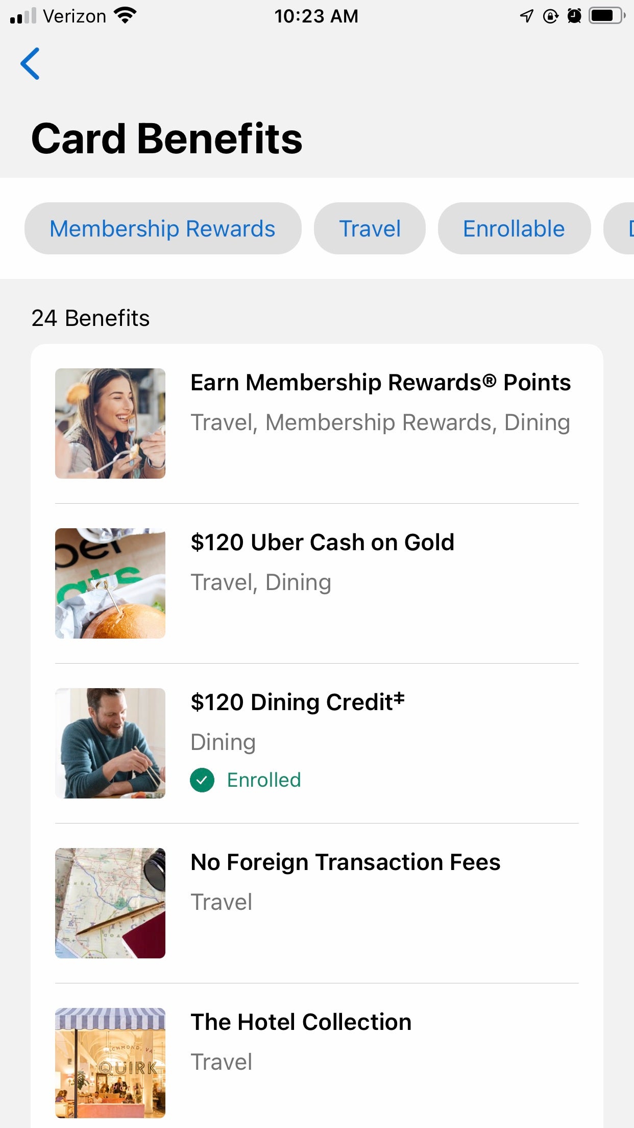 list of benefits for Amex Gold card in Amex mobile app