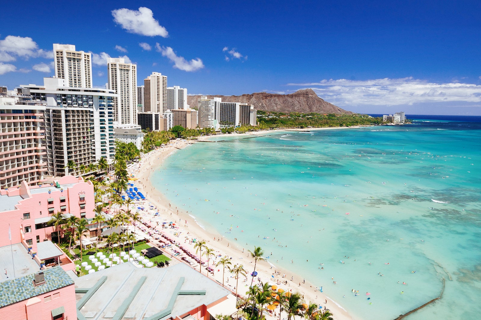 Waikiki beach and diamond head crater in Honolulu, Hawaii.