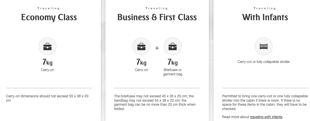 screenshot of emirates baggage rules