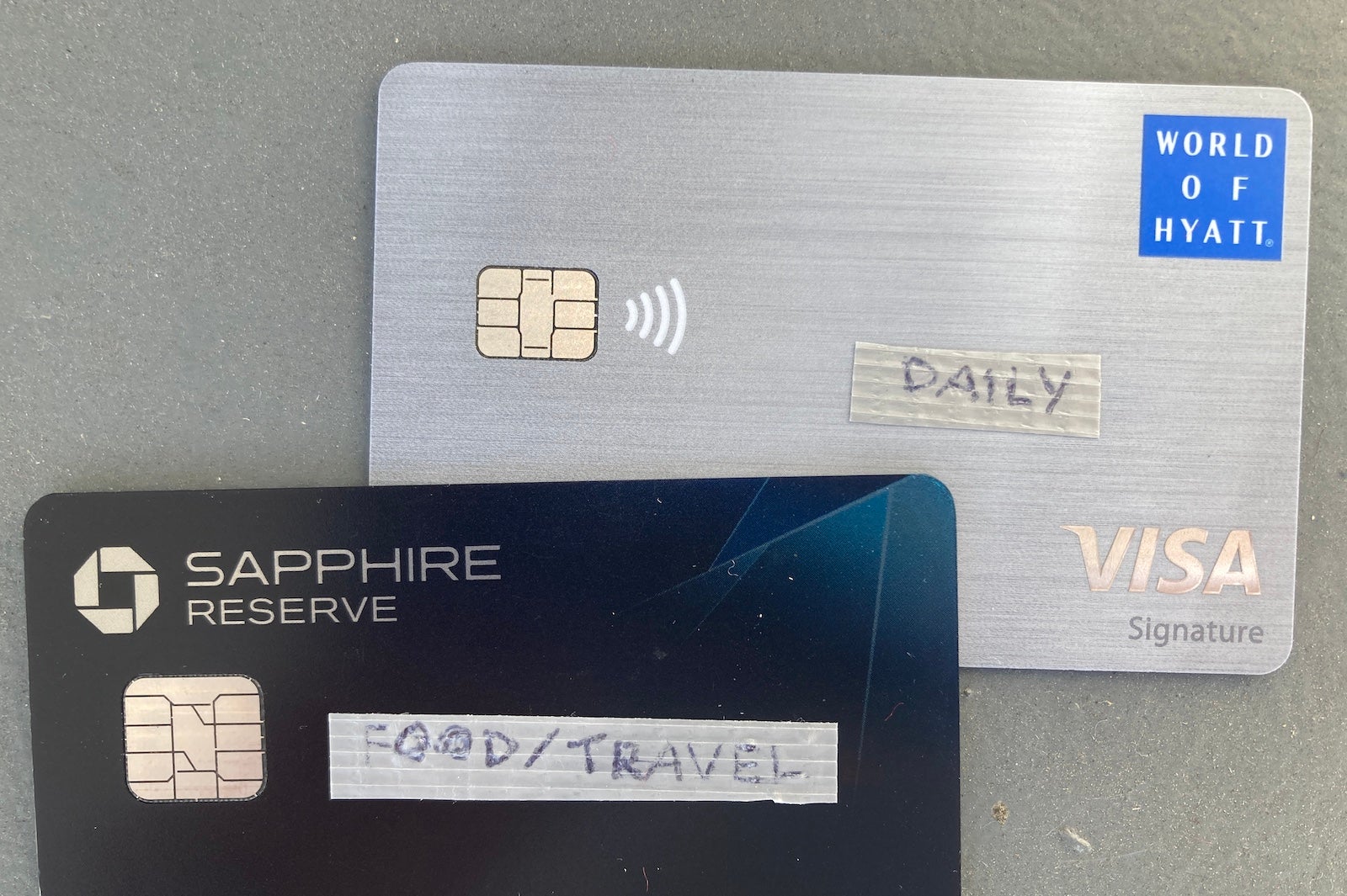 credit cards have labels on them showing which expenses to use them for