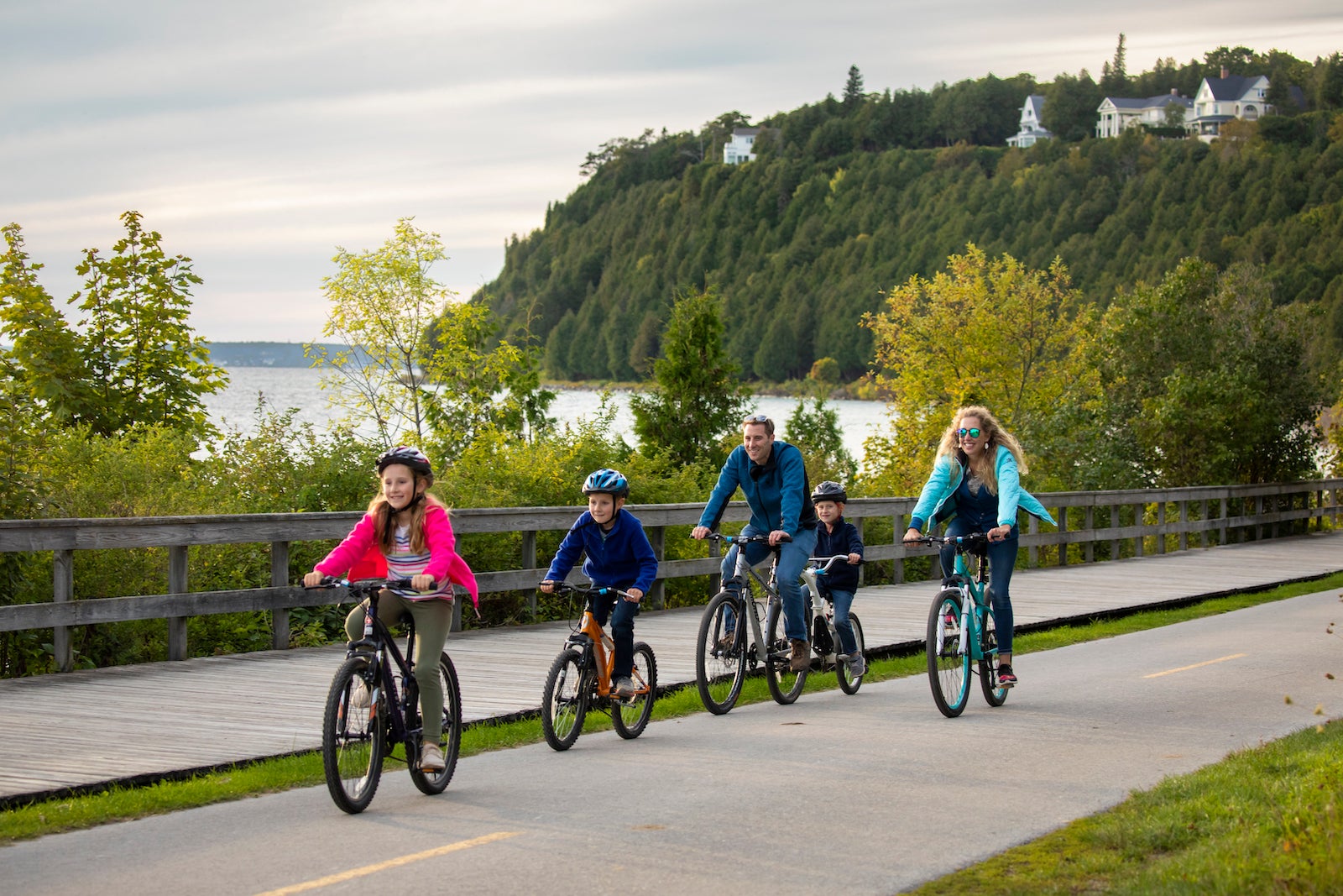 A family on a bike ride in Mackinac Island