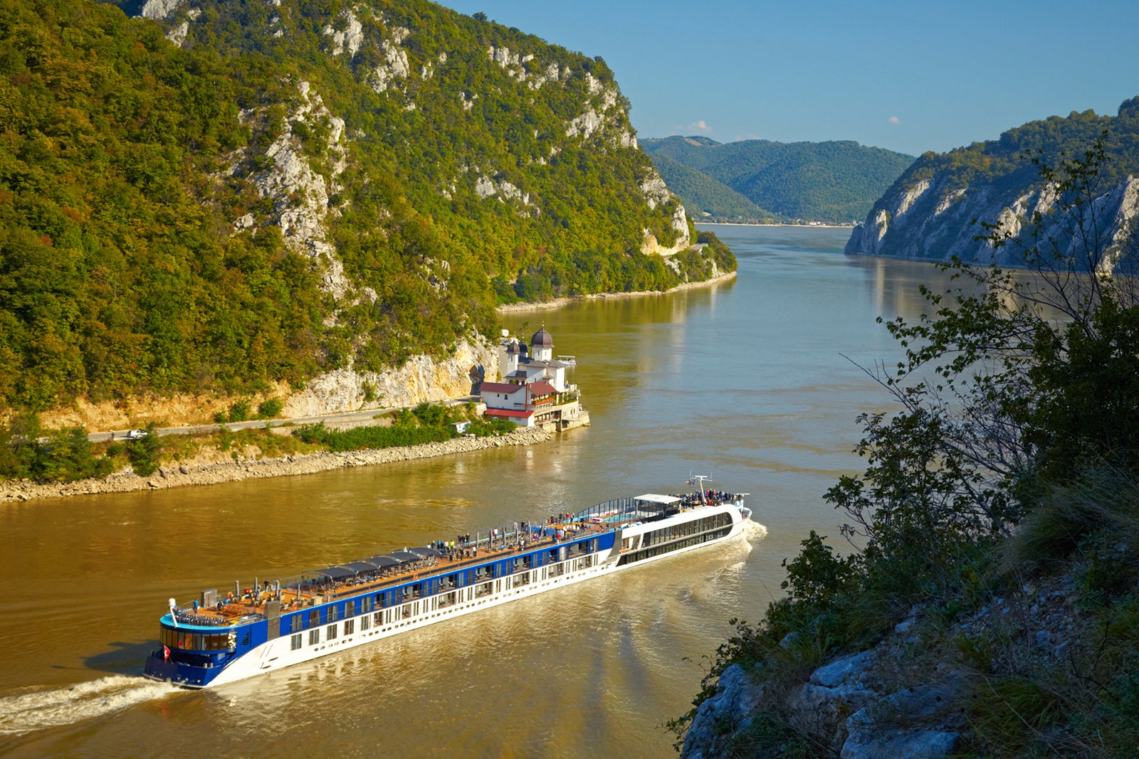 A river cruise ship sailing on the Danube River