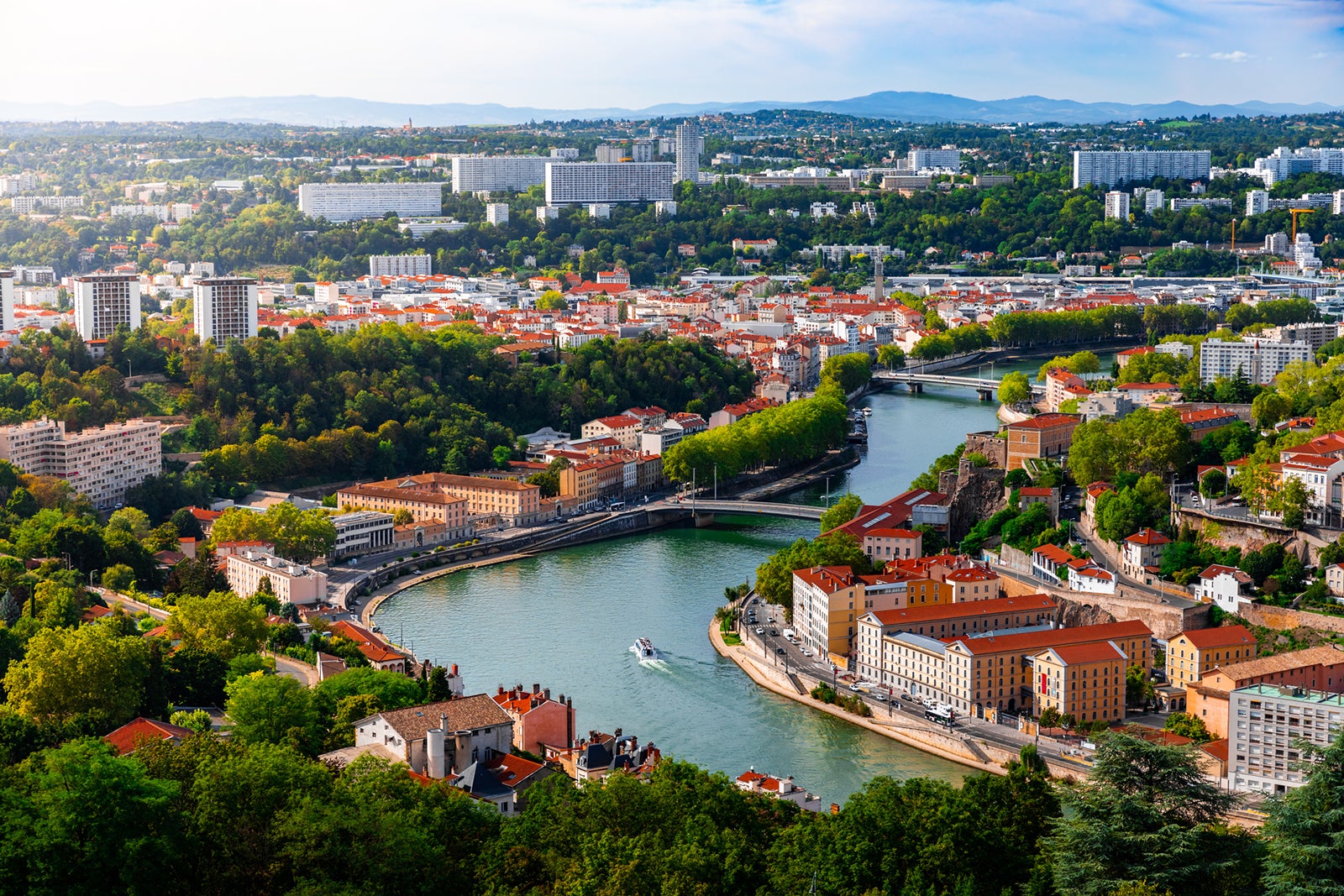 An aerial view of the city of Lyon, France, as the Saone River winds through it