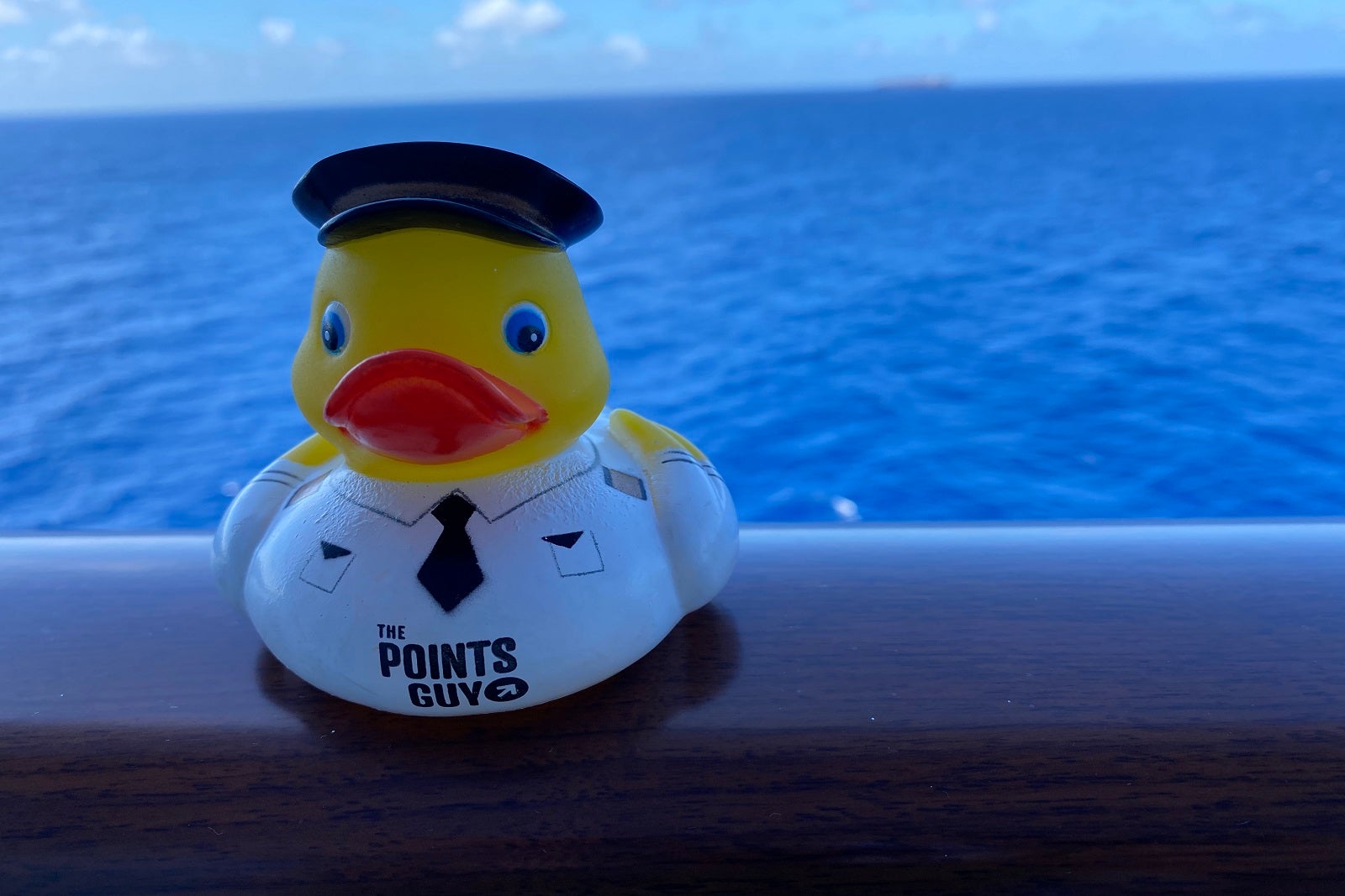 A rubber duck dressed like a cruise ship captain sitting on the railing of a cruise cabin balcony