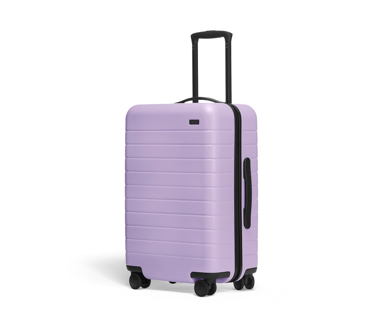 A lavender colored carry-on suitcase with black wheels and a black handle