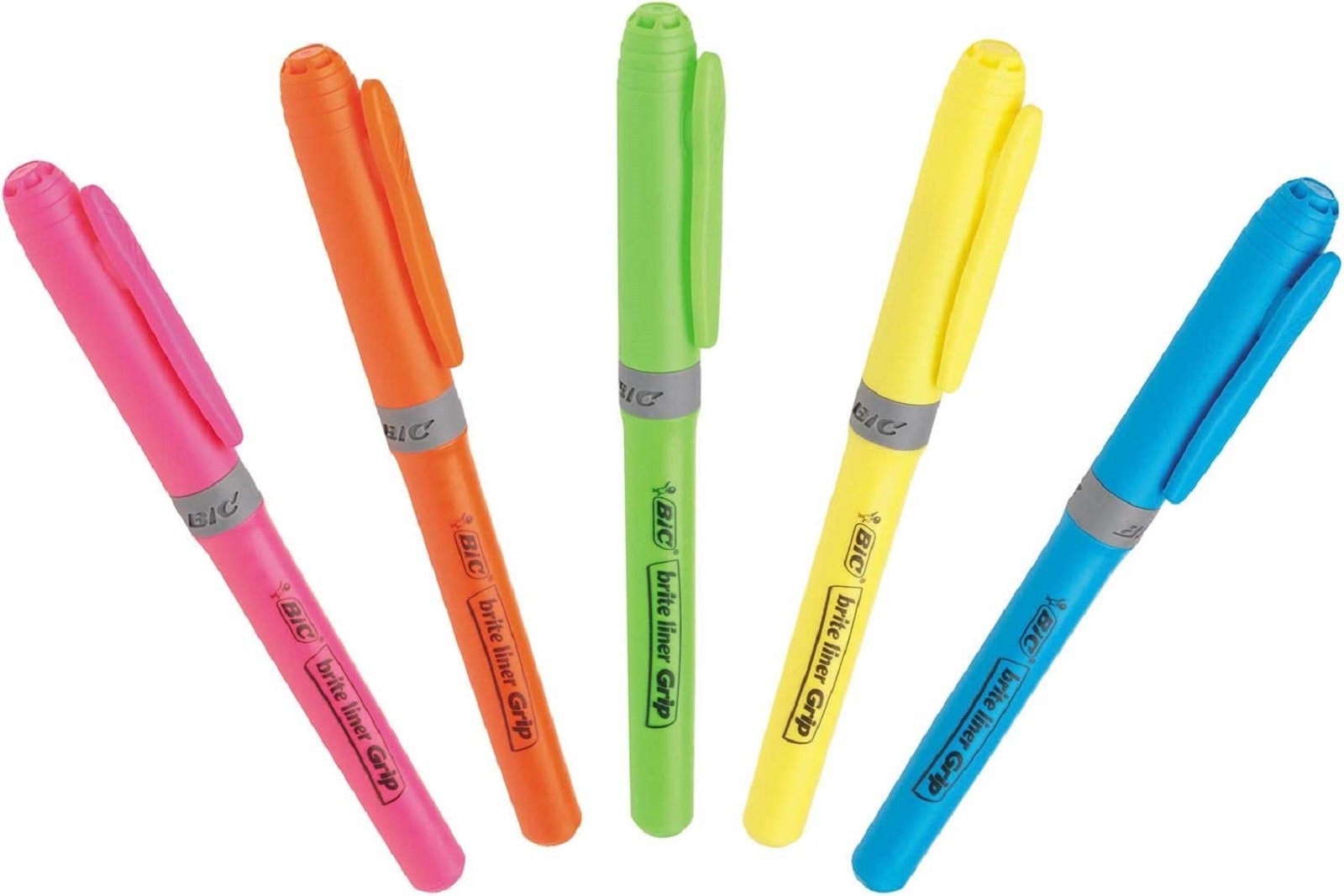 Five colorful highlighters fanned out over a white background