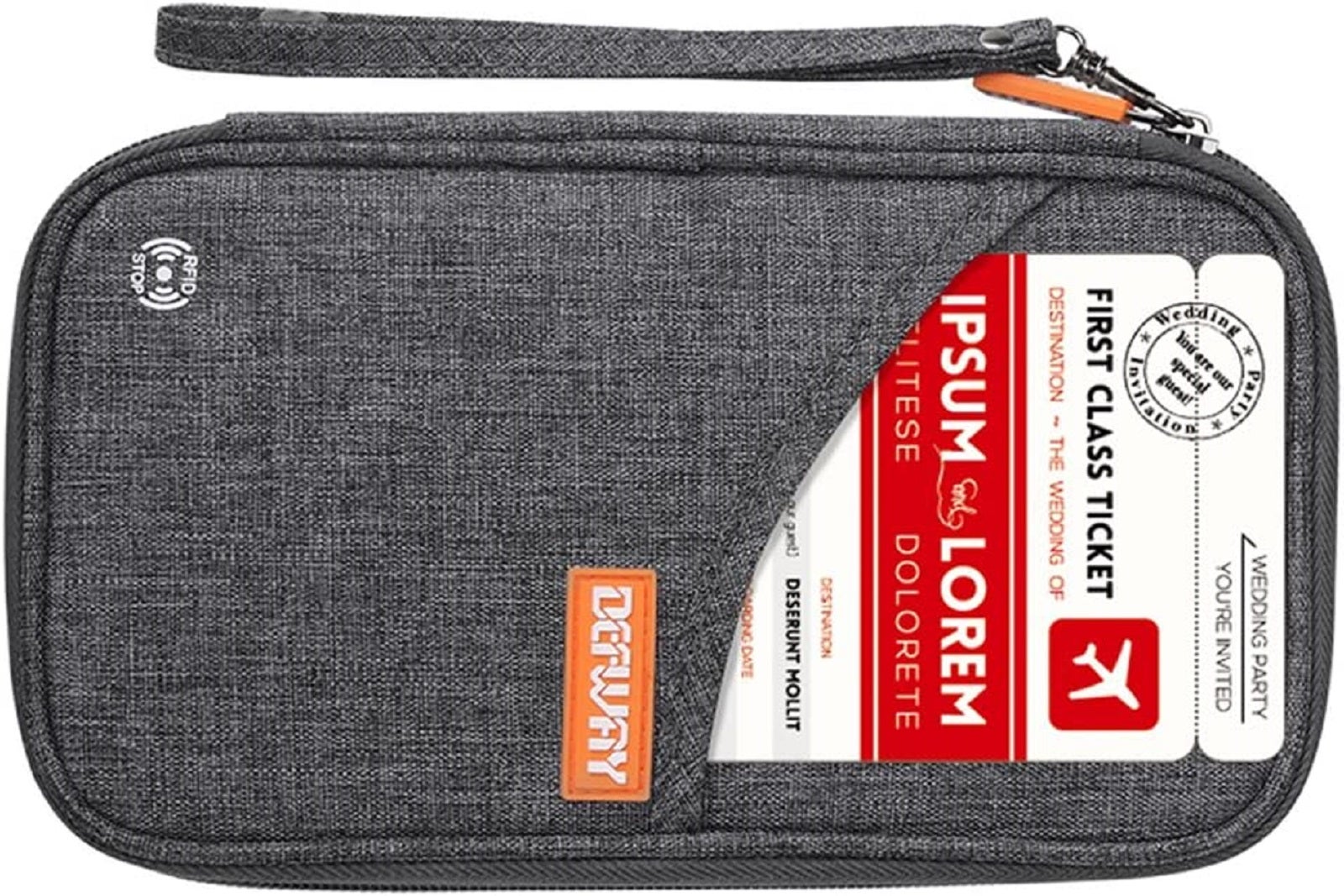 A cloth document holder lying on its side with travel documents in the front pocket