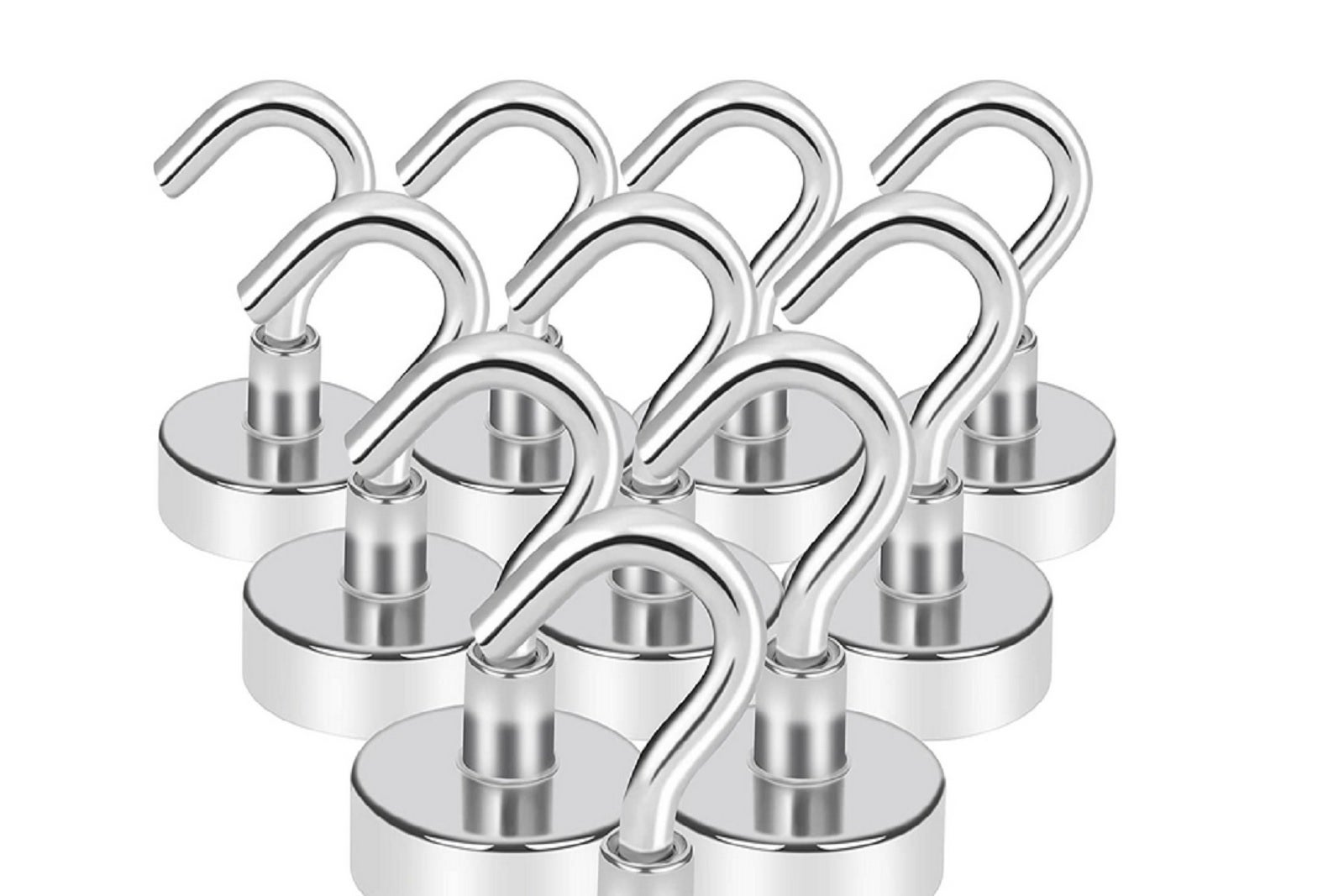 Set of 10 metal magnetic hooks set up in a pyramid formation