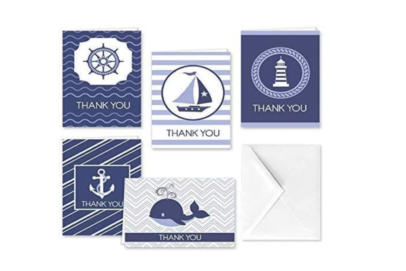 A set of five thank-you card designs with envelopes