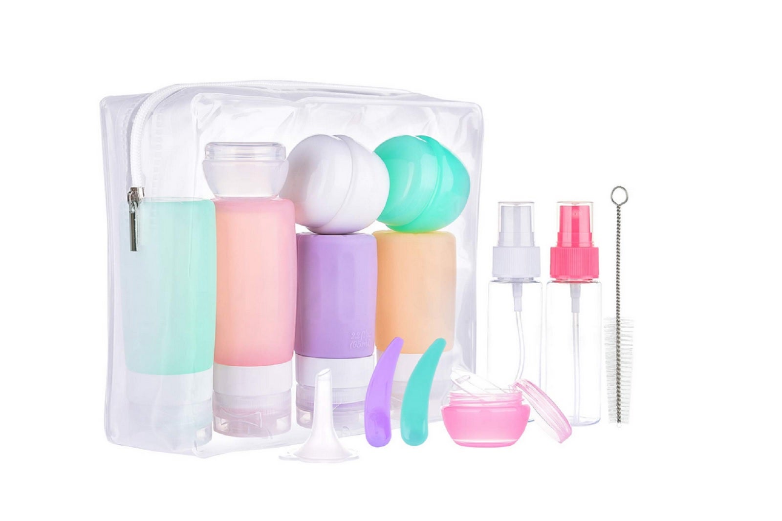 A set of colorful empty toiletry bottles in a clear carrying case