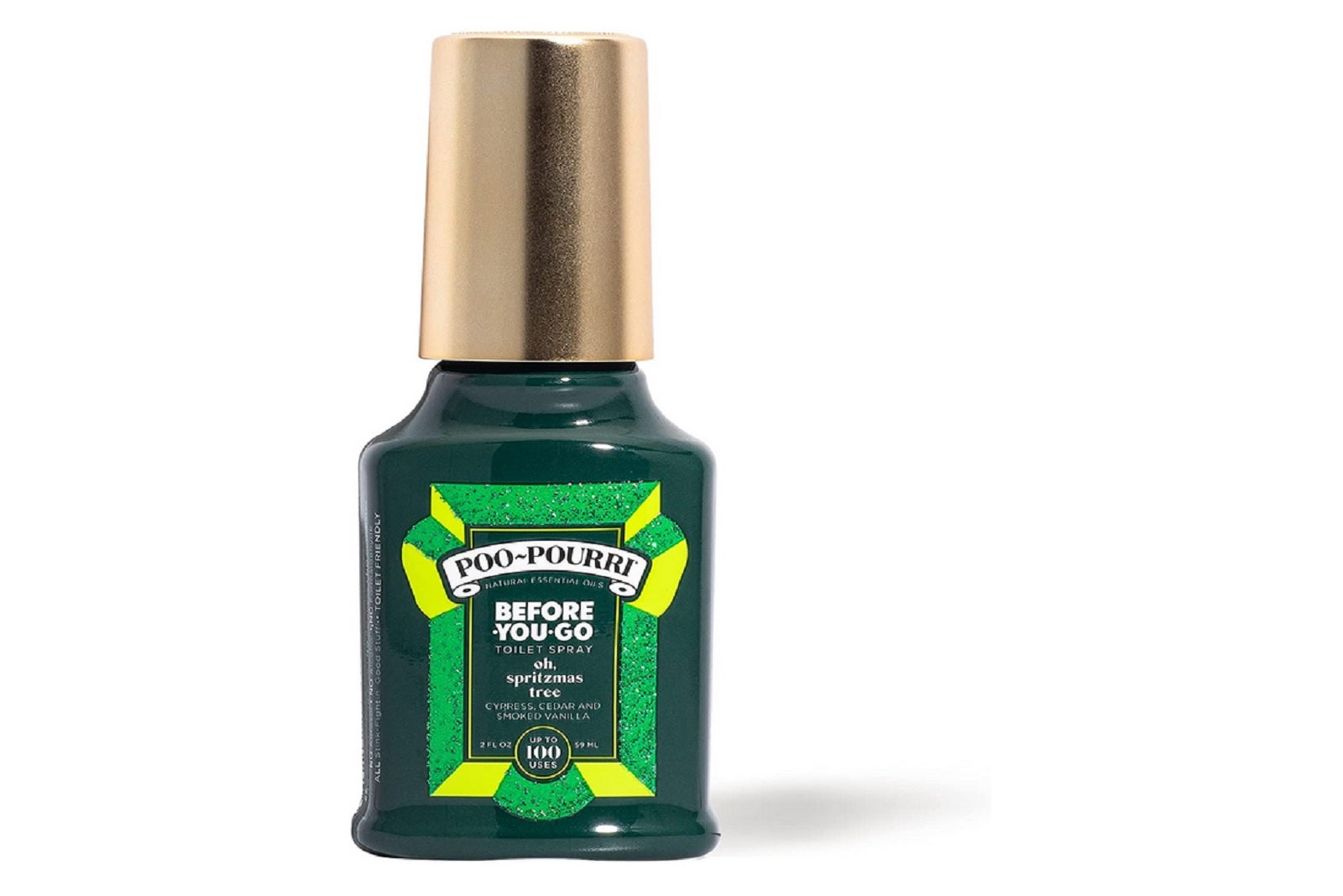 A bottle of Poo-Pourri air freshener in a green bottle with a gold cap