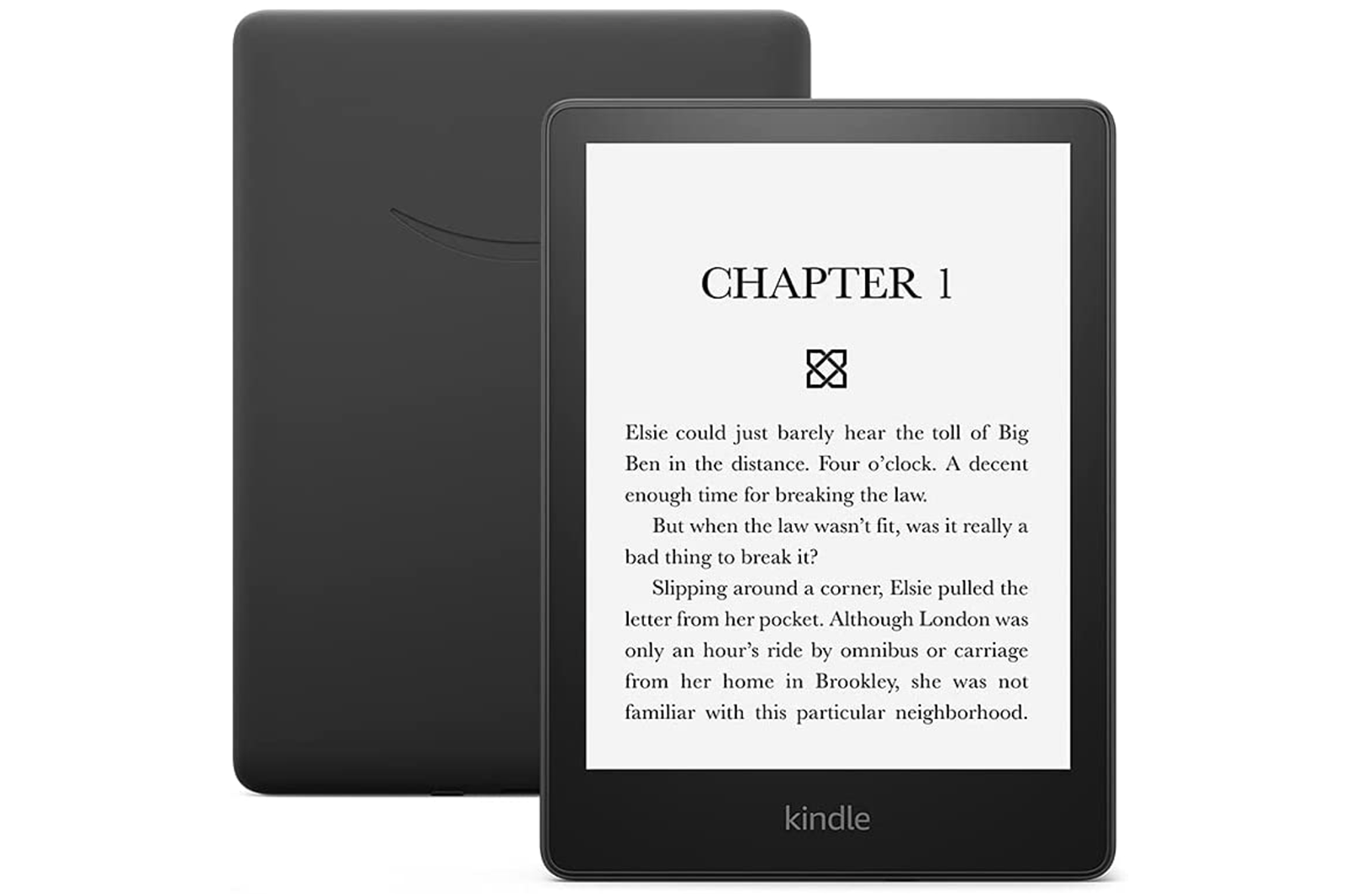 The front and back of an Amazon Kindle with text displayed on the screen