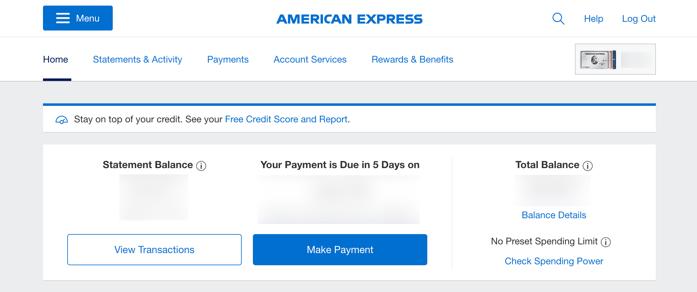 The online dashboard of American Express