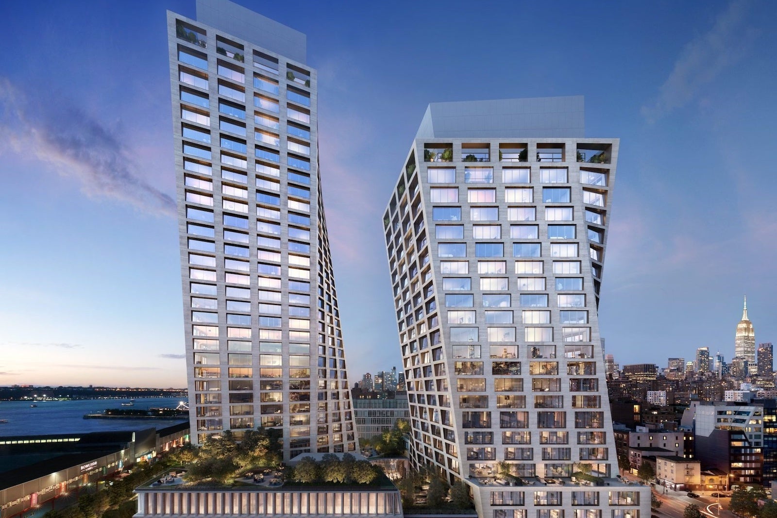 rendering of twisting towers in New York City