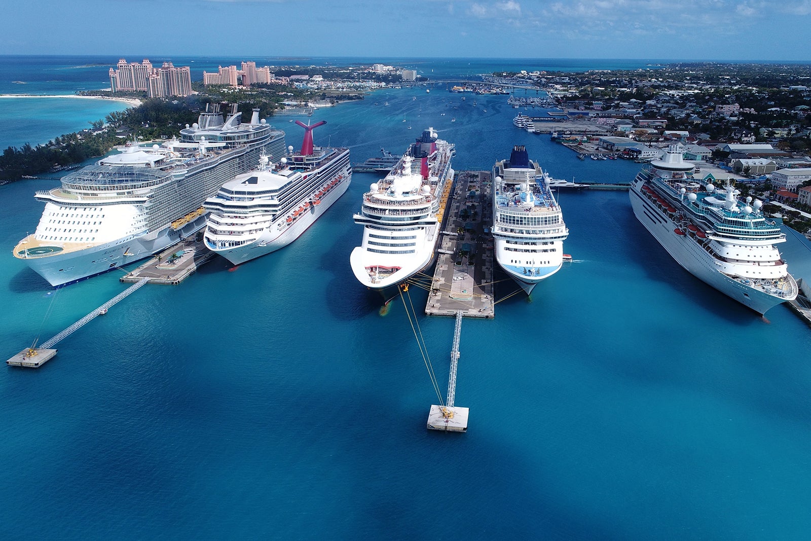 Several ships docked side by side in Nassau, the Bahamas