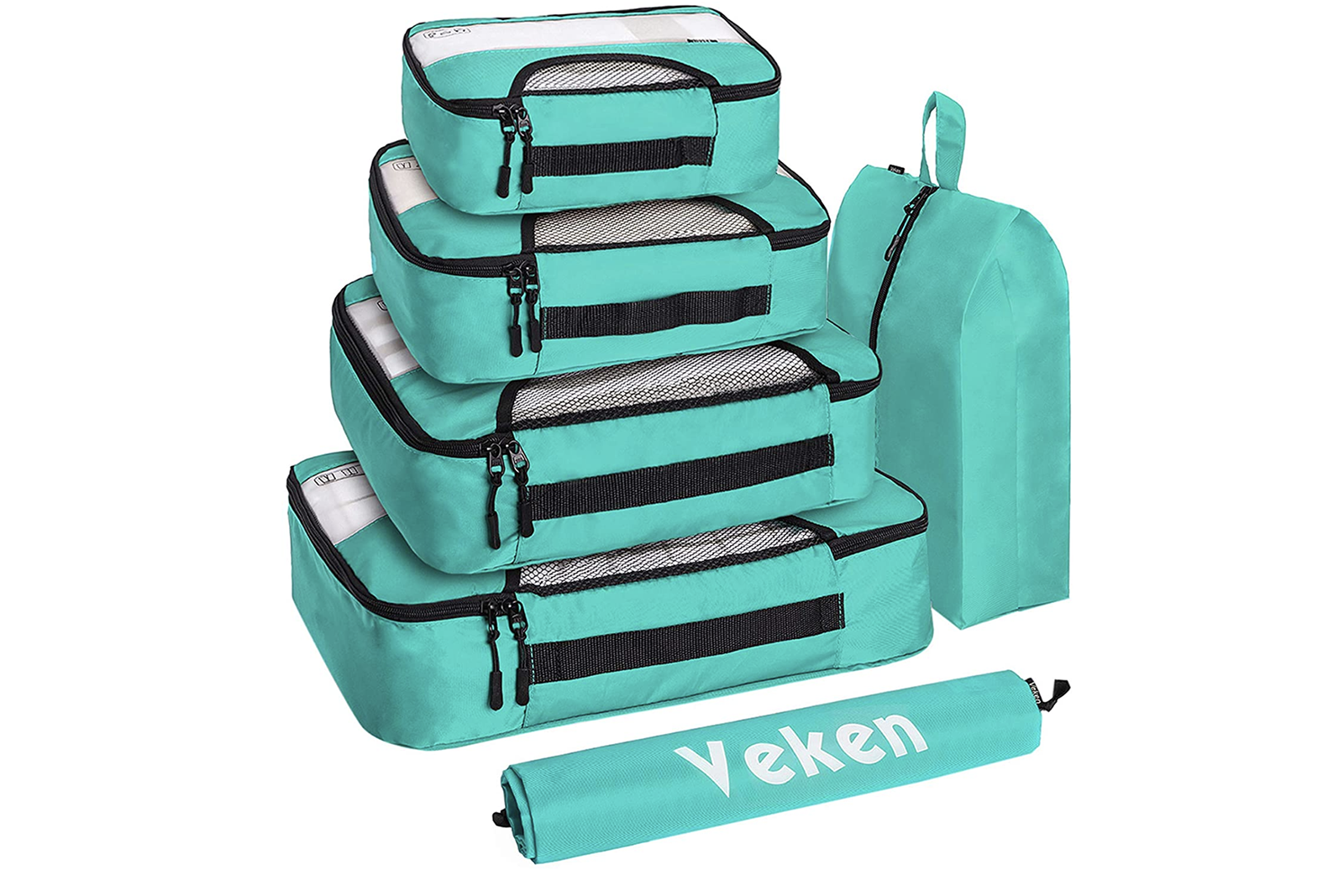 A set of four packing cubes stacked on top of one another next to a shoe bag