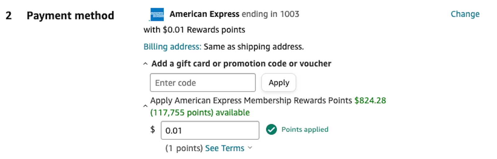 screenshot of how to pay with Amex points on Amazon