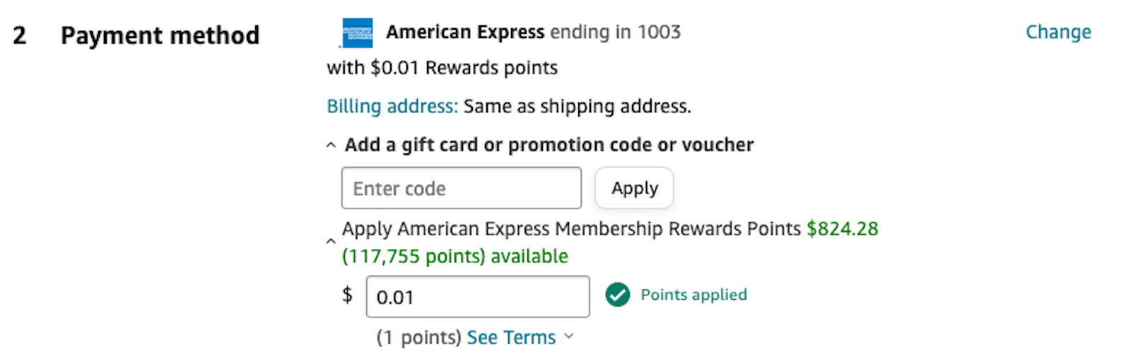 Paying one cent with American Express Rewards