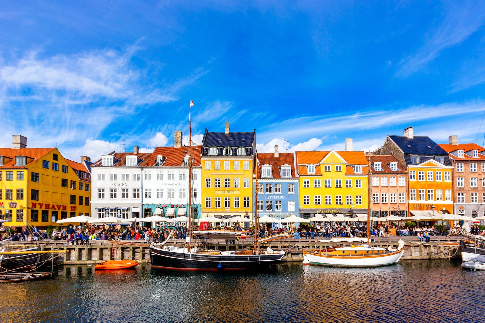 Colorful homes and shops by the water in Copenhagen, Denmark