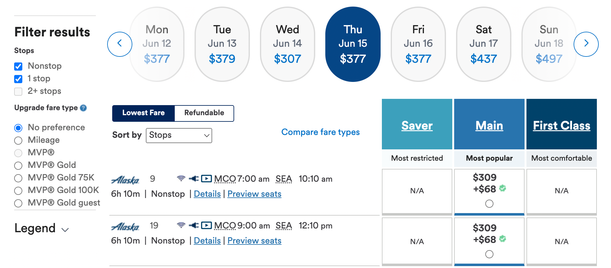 Search results on Alaskaair.com for a flight from Orlando to Seattle using the companion fare