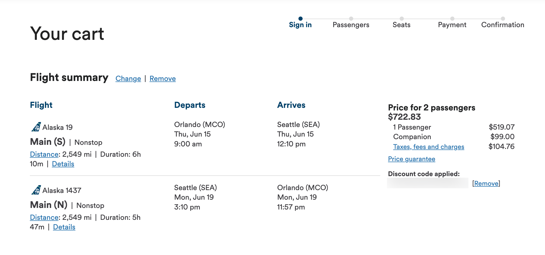 Flight price from Orlando to Seattle on Alaska Airlines using the companion fare