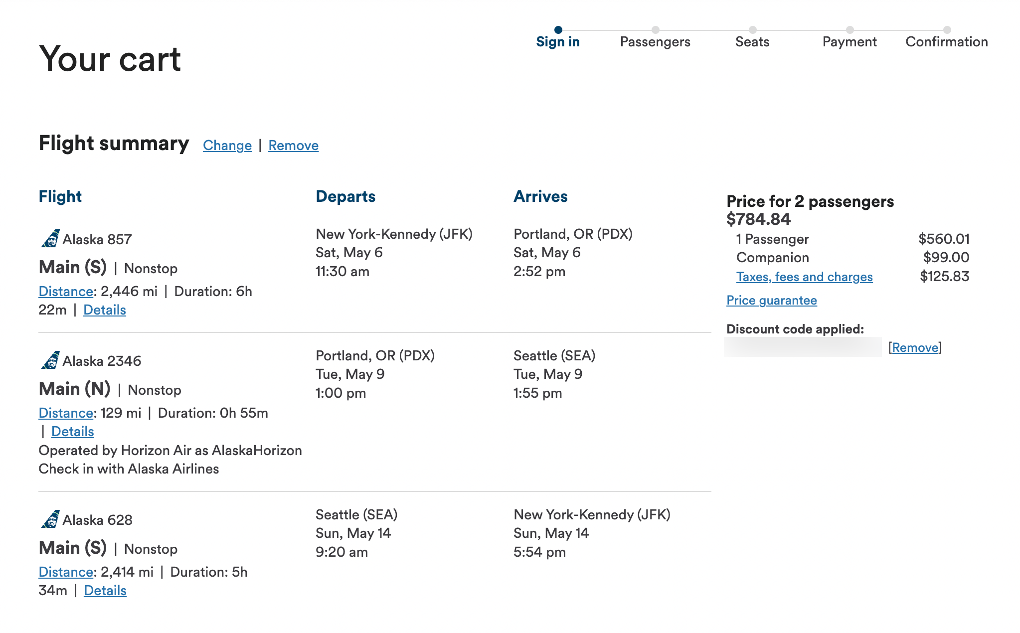 An Alaska Airlines flight with a stopover booked using the companion fare