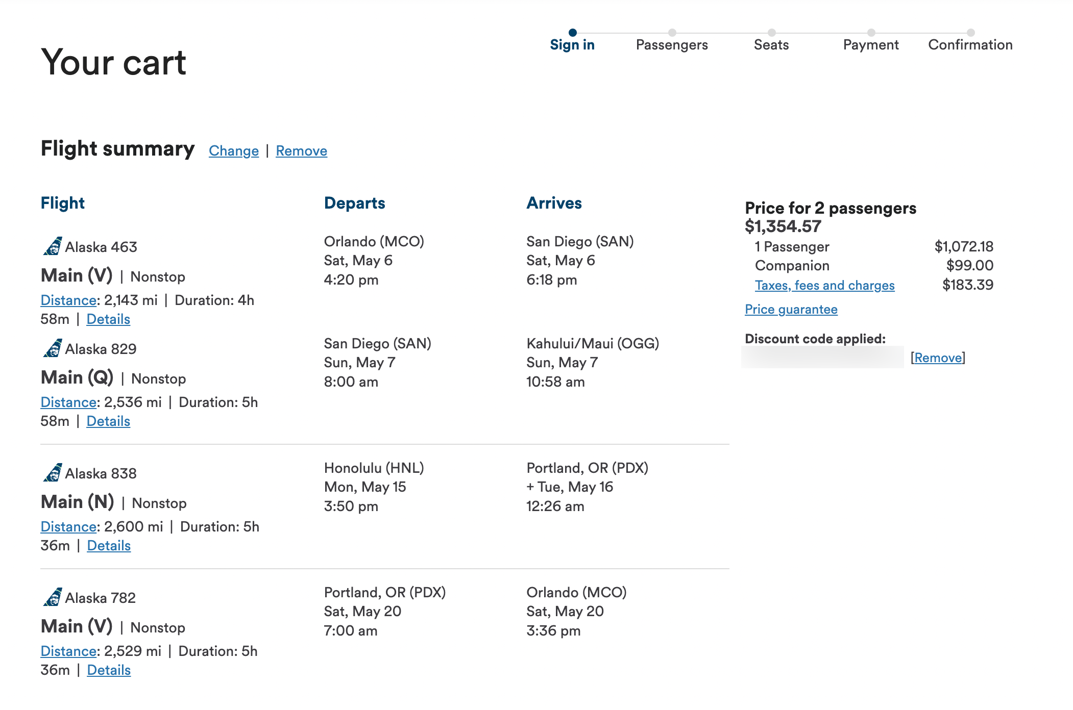 An Alaska Airlines flight with a stopover and open jaw booked using the companion fare