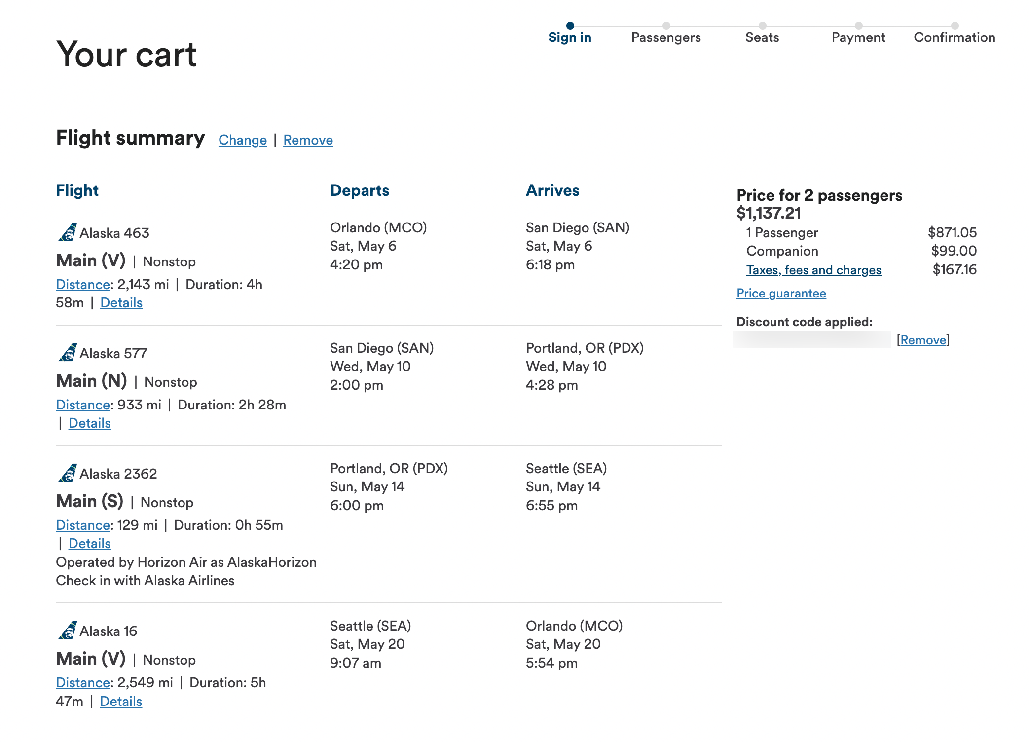 An Alaska Airlines itinerary with two stopovers using the companion fare