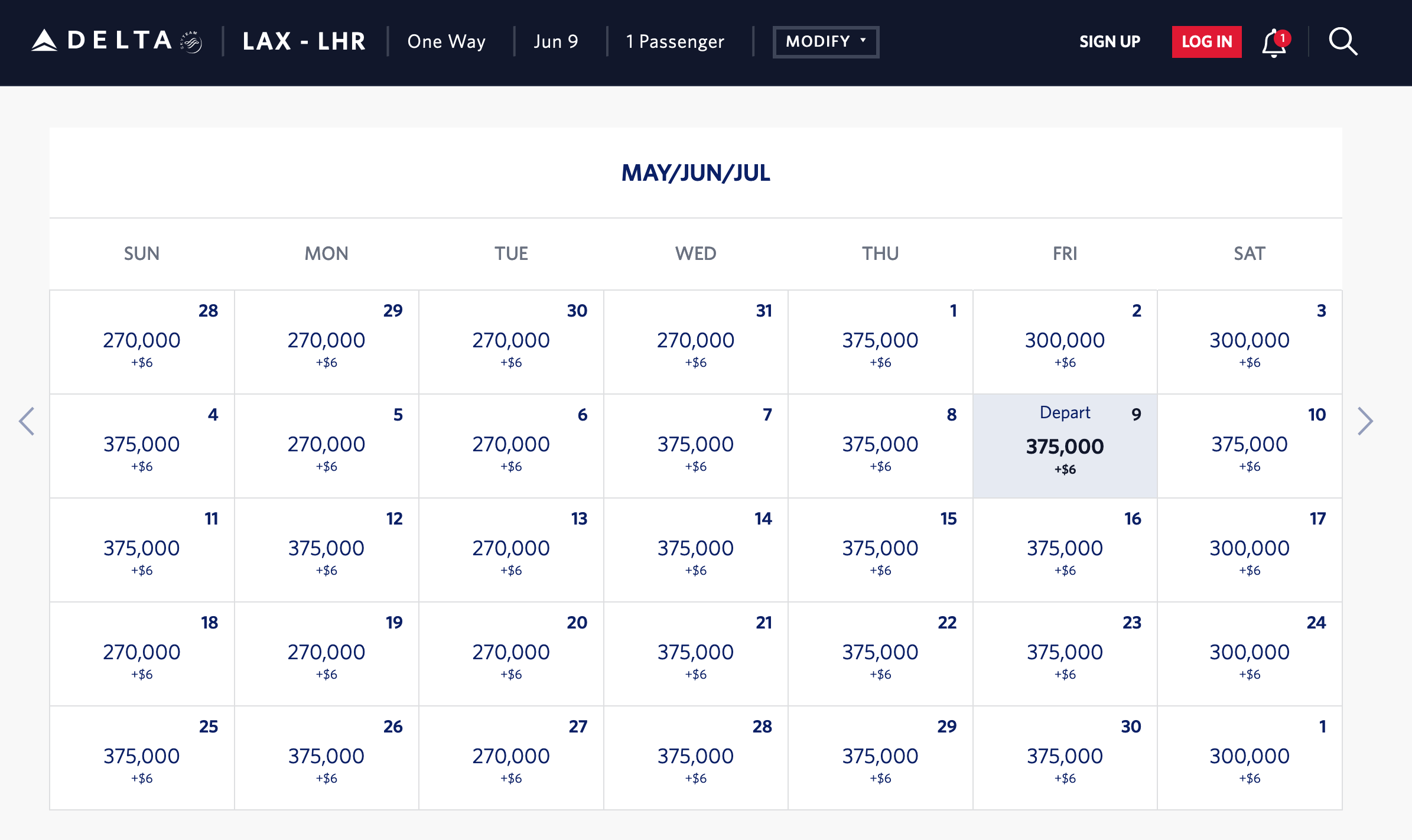 Delta business-class award prices between Los Angeles and London