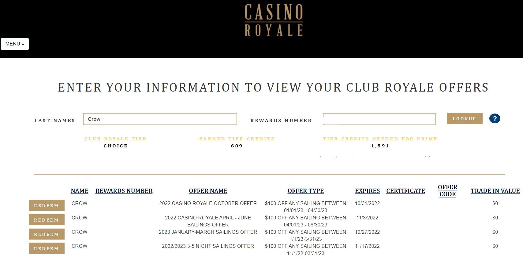 Screenshot of cruise casino offers