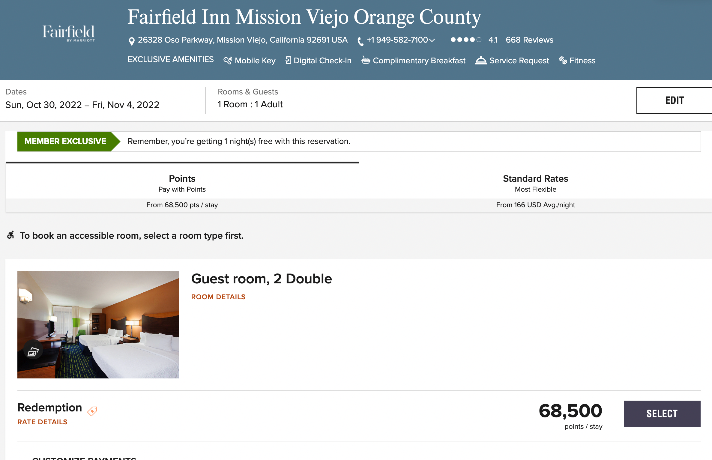 5 nights at this Fairfield near Laguna Beach costs 68,500 points