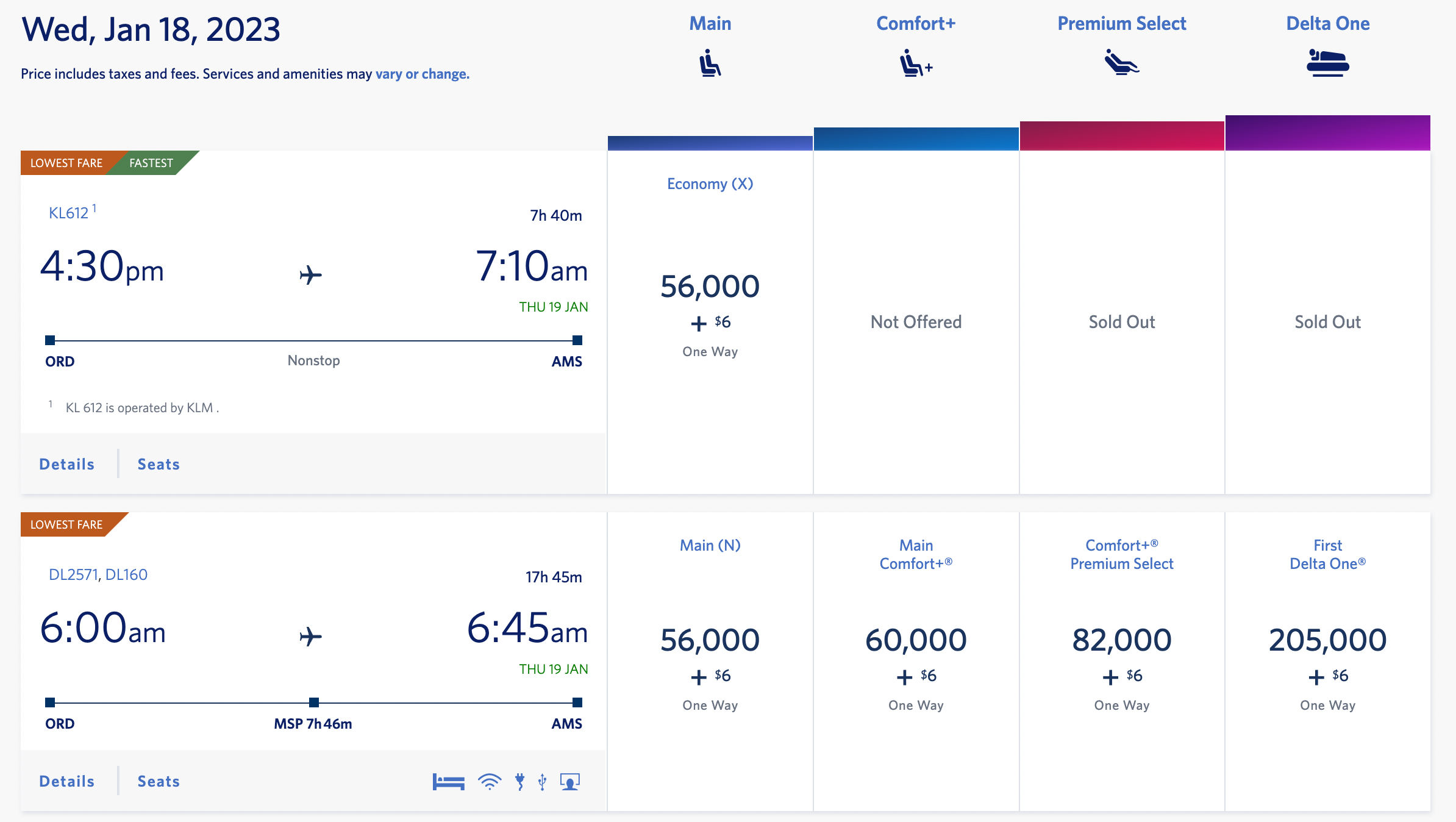 Booking a KLM SkyMiles flight from ORD to AMS