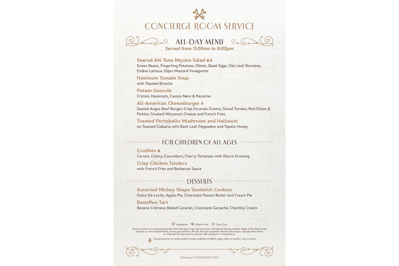 concierge room service menu for Disney cruise