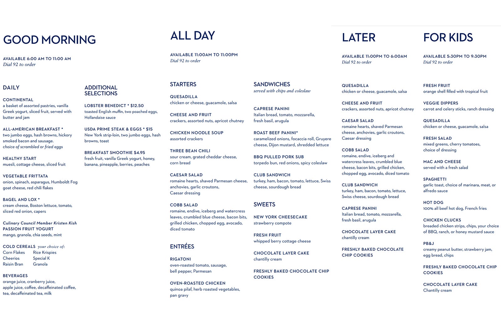 Holland America room service menu