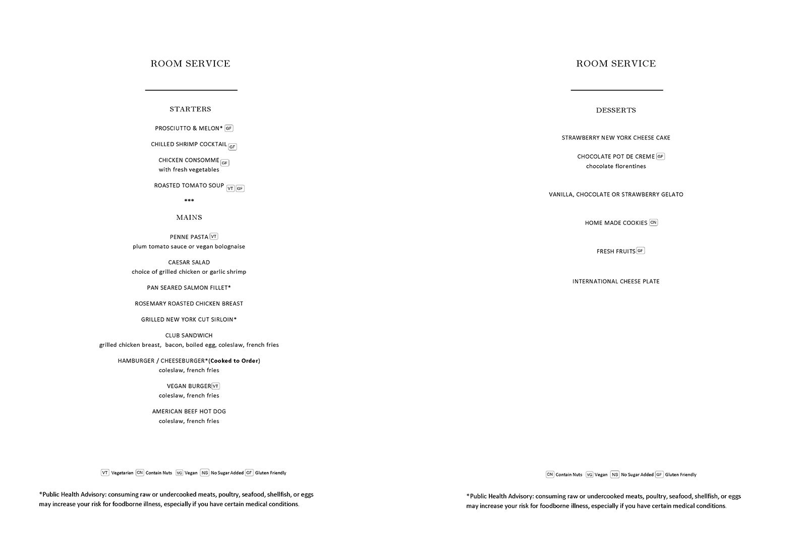 room service menu for Seabourn cruise