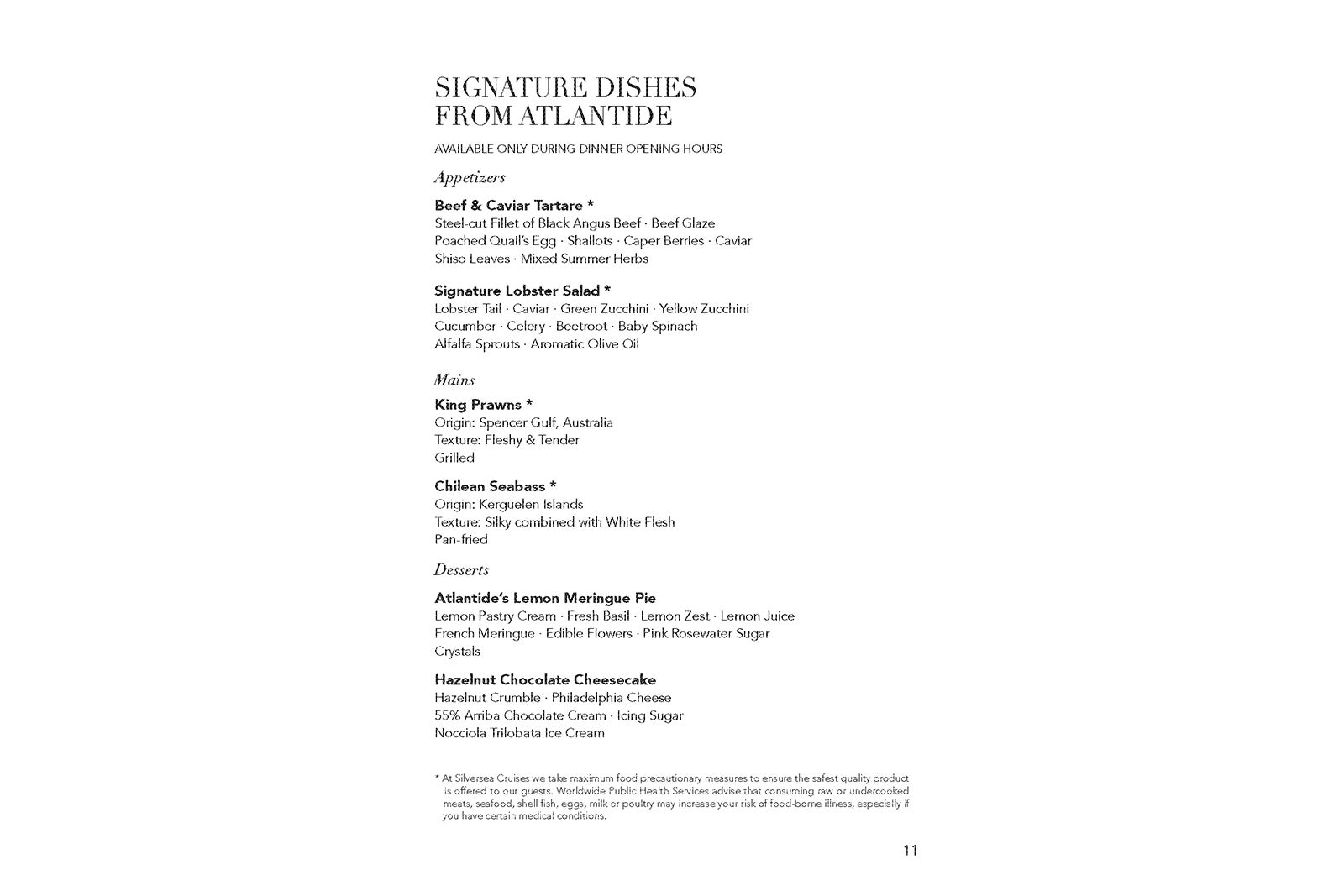 Silversea room service menu