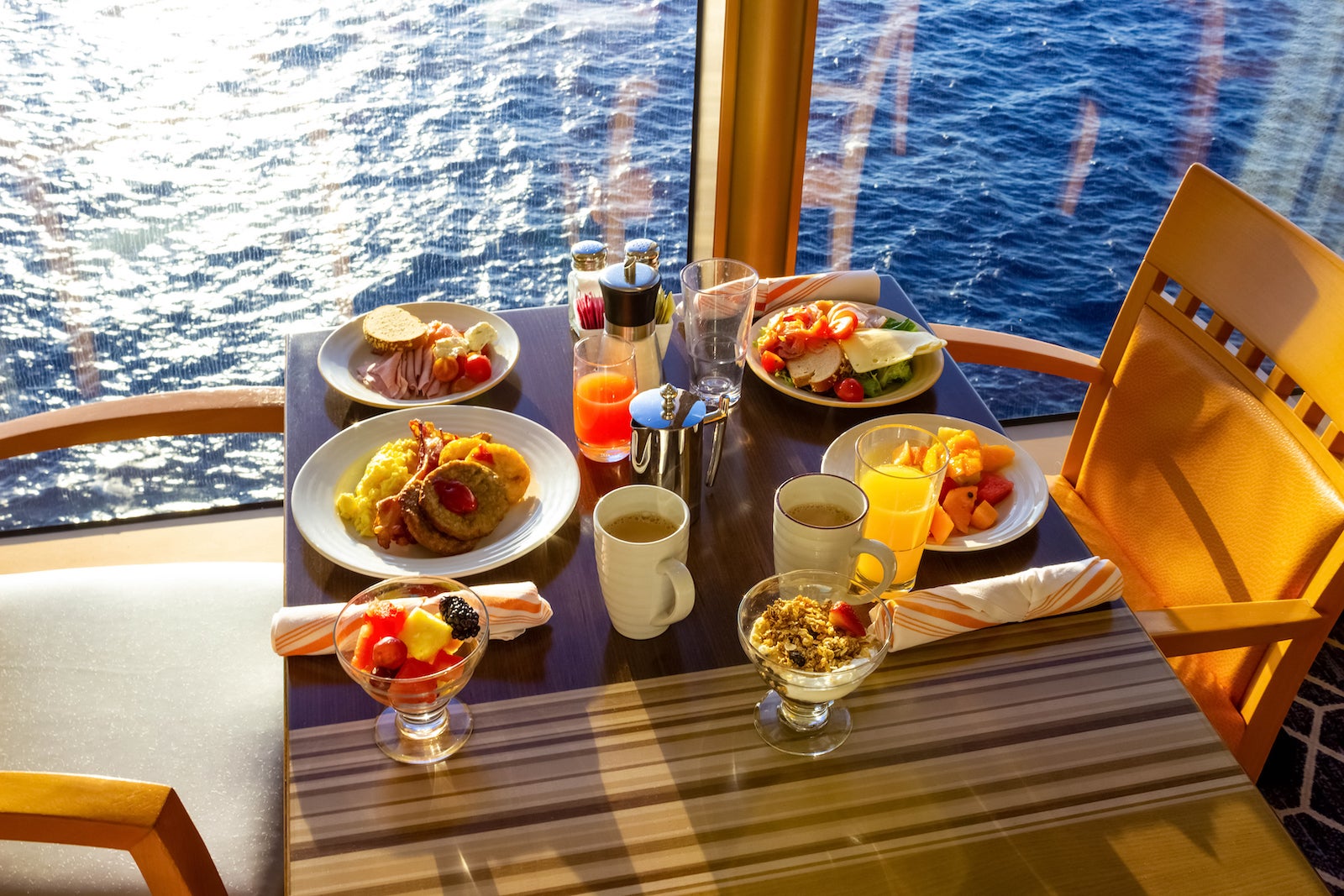 Table with breakfast on cruise ship 