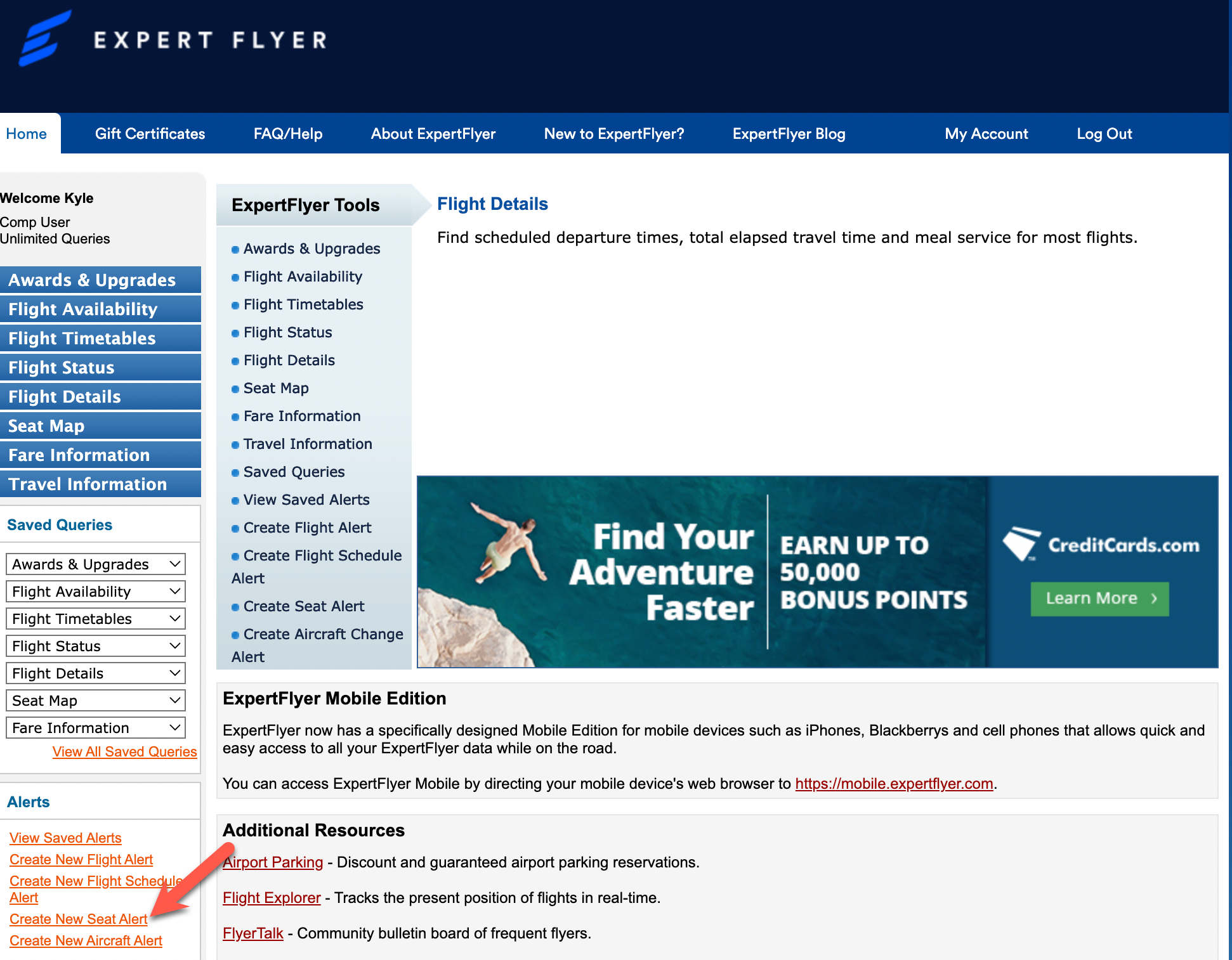 Finding the seat alert feature on the ExpertFlyer homepage