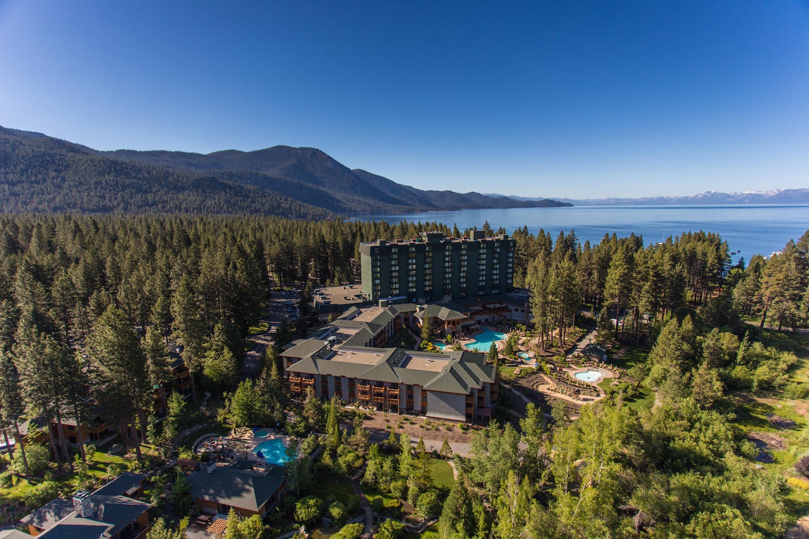 Arial view of Hyatt resort with Lake Tahoe in background