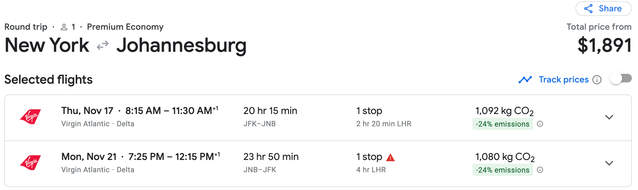 JFK to JNB Virgin Atlantic itinerary in Google Flights