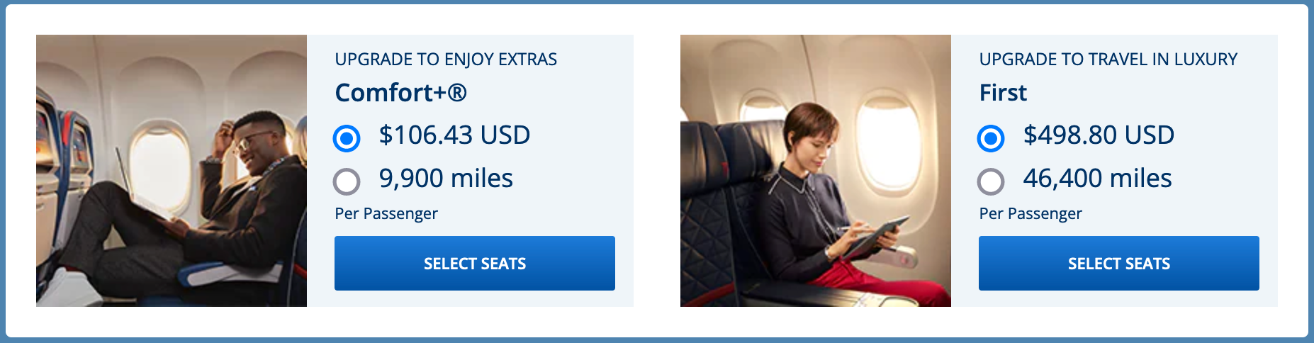 Upgrade offers for a Delta flight from Salt Lake City to Orlando